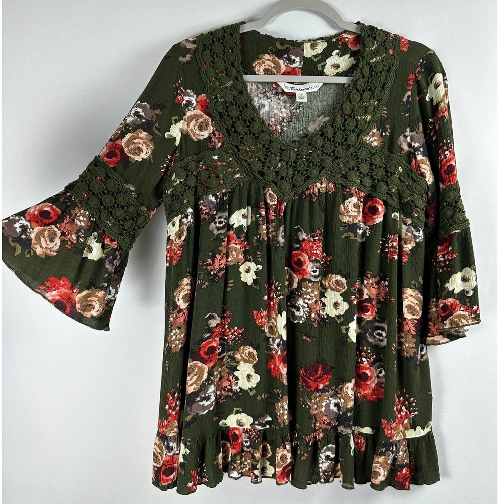 Tantrums‎ Blouse Women S Green Floral Crochet Lace Bell Sleeve Boho Cottagecore